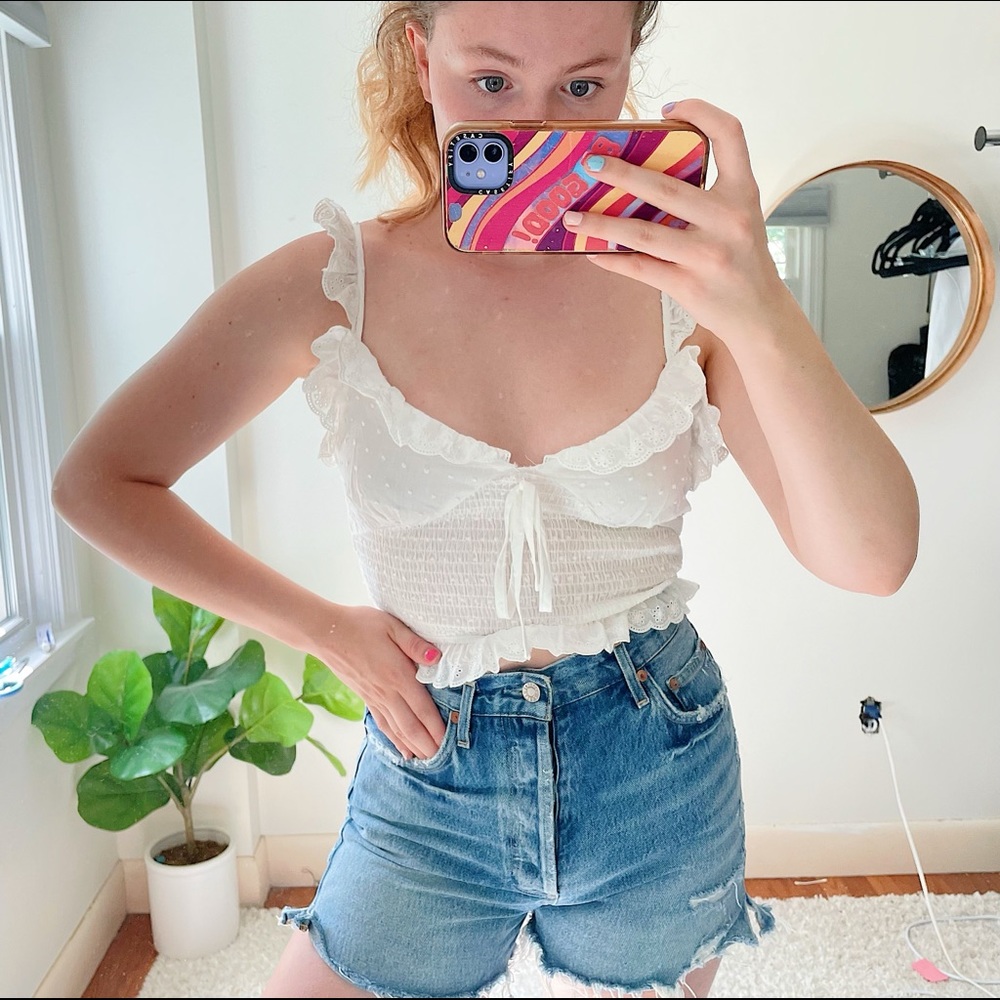 NWT White Smocked Ruffle Hem Cropped Tank Top